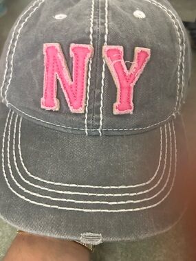 💗 Y2K NY Pink Patch Distressed Gray adjustable Baseball Cap